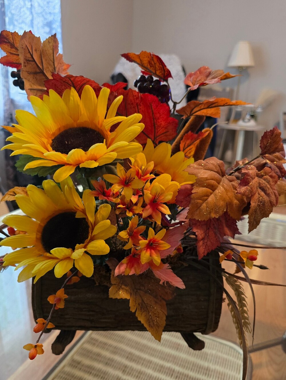 Faux Flowers in A Wood Log Table Decor 16"